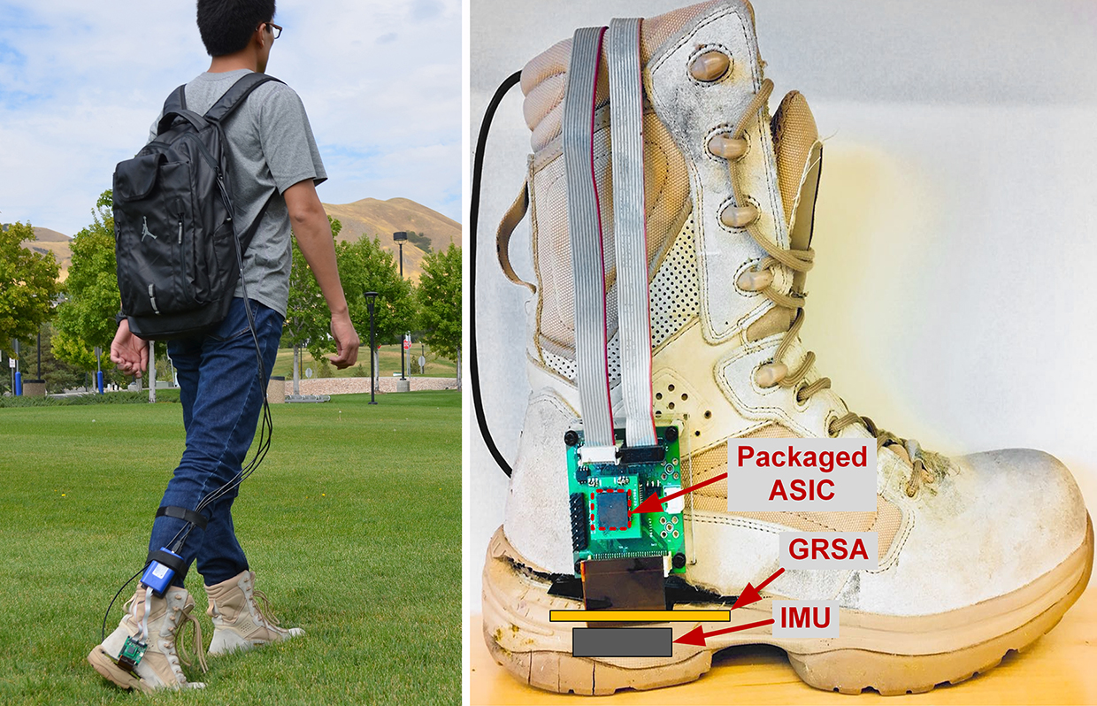 Left: Qingbo Guo walking outdoors with the system; Right: Labeled diagram of the boot.